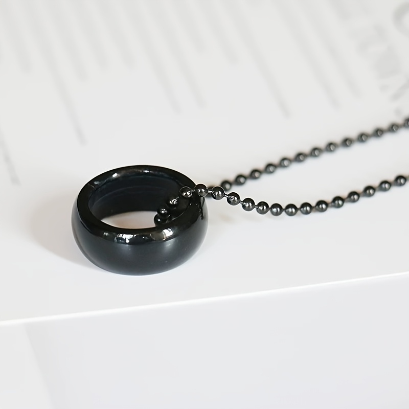 Natural Black Agate Round Ring Pendant Necklace, Unisex